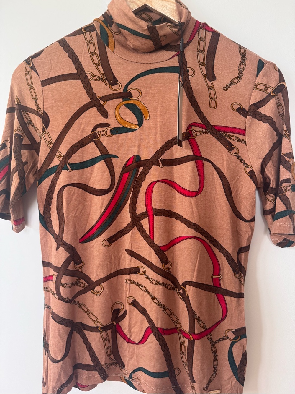 Tahari Viscose Blend Equestrian Print Mock Neck Top NWT Medium